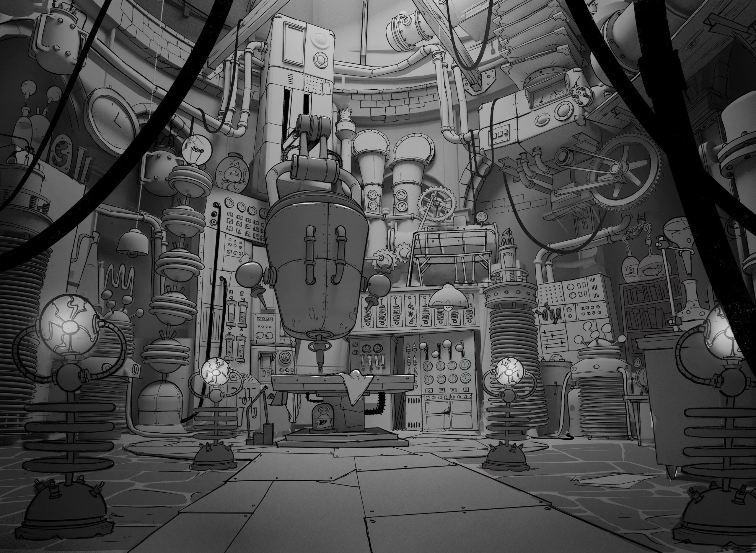 an intricate steampunkstyle laboratory filled with various machines and gadgets the central structure resembling a large device is flanked by glowing orbs while pipes and wires weave across the walls and ceiling in a dimly lit space digital production An intricate, steampunk-style laboratory filled with various machines and gadgets. The central structure, resembling a large device, is flanked by glowing orbs, while pipes and wires weave across the walls and ceiling in a dimly lit space.