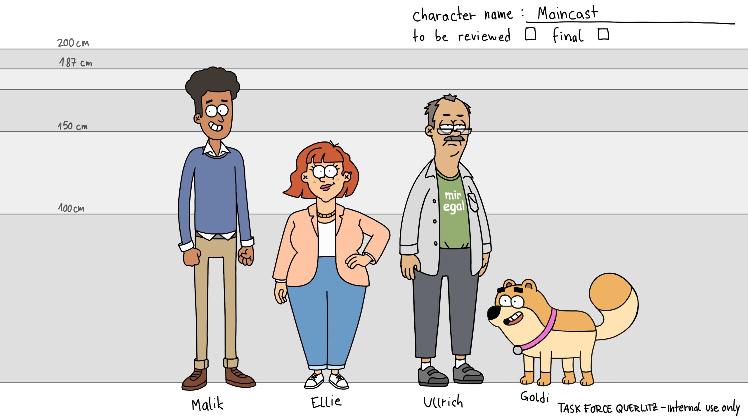 character design sheet featuring four animated figures malik a young man with curly hair ellie a woman with red hair and glasses ulrich an older man wearing glasses and a green shirt and goldi a cheerful dog they are standing together with height measurements illustrated behind them digital production Character design sheet featuring four animated figures: Malik, a young man with curly hair, Ellie, a woman with red hair and glasses, Ulrich, an older man wearing glasses and a green shirt, and Goldi, a cheerful dog. They are standing together with height measurements illustrated behind them.