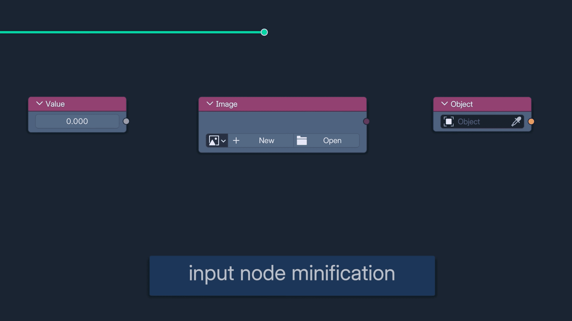 a digital interface showing input node elements including a value node displaying 0000 an image node with options for new and open and an object node with an edit option the background is dark and a label reads input node minification at the bottom digital production A digital interface showing input node elements, including a 'Value' node displaying 0.000, an 'Image' node with options for 'New' and 'Open', and an 'Object' node with an edit option. The background is dark, and a label reads 'input node minification' at the bottom.