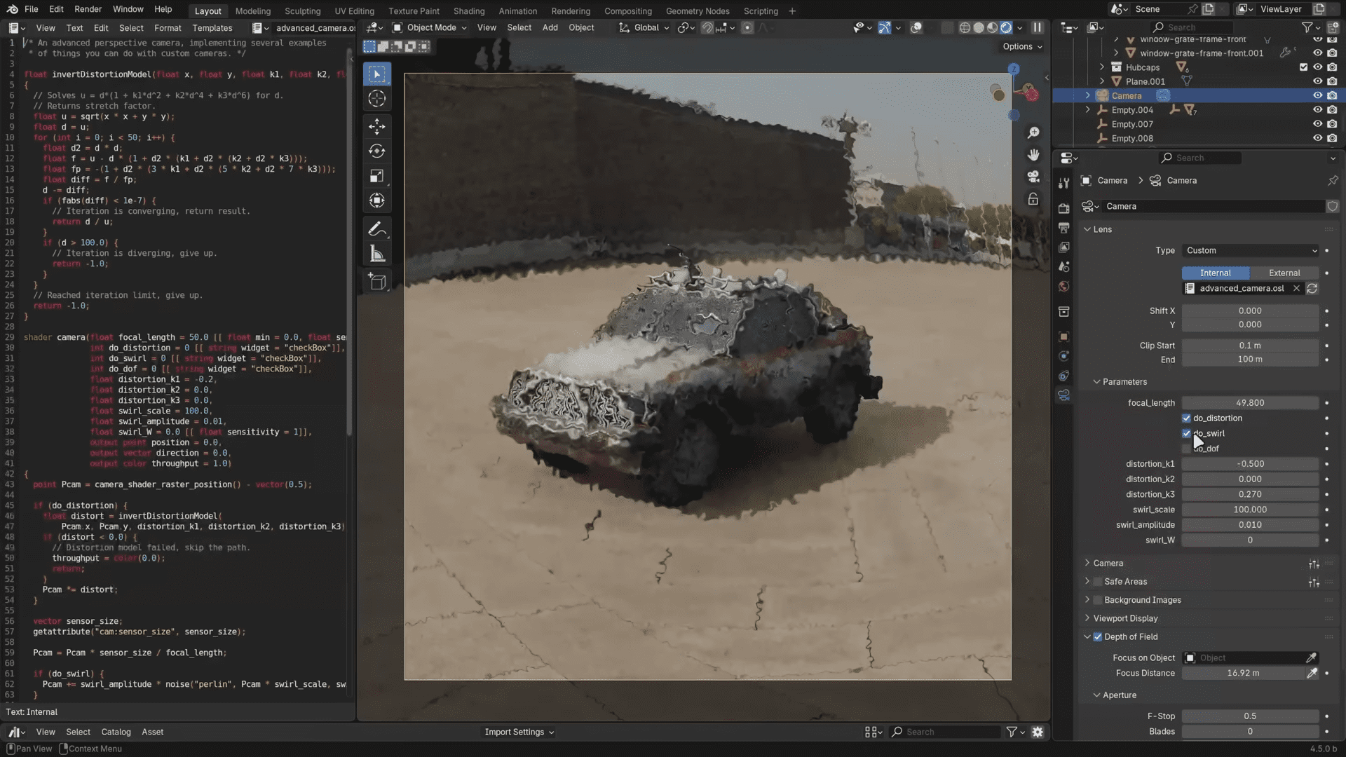 a digital rendering in blender of a car displayed on a circular platform the user interface on the left shows coding and model settings indicating active editing in the software digital production A digital rendering in Blender of a car displayed on a circular platform. The user interface on the left shows coding and model settings, indicating active editing in the software.