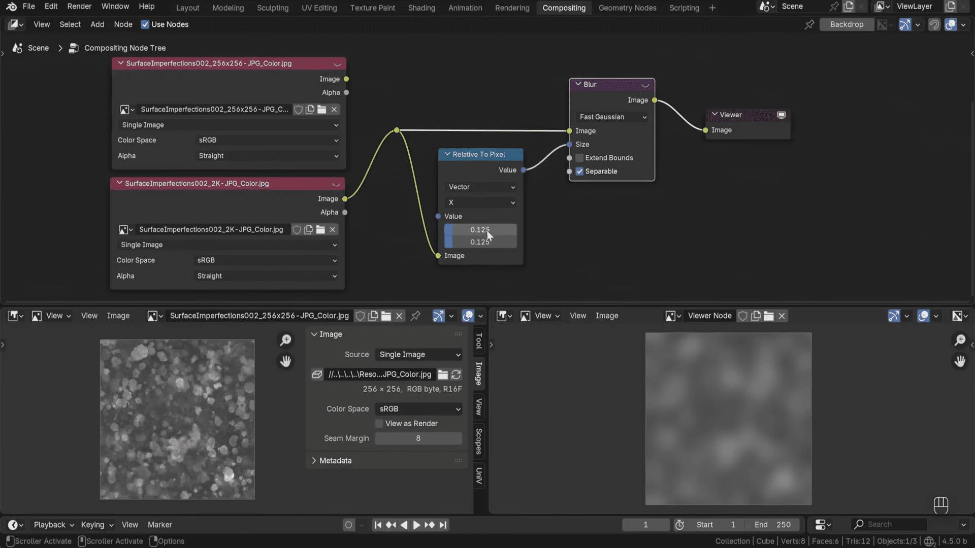 a computer screen displaying a visual programming interface showcasing nodes for image processing in a 3d software environment one node shows image inputs and another displays output settings with a grayscale texture in a viewer area digital production A computer screen displaying a visual programming interface, showcasing nodes for image processing in a 3D software environment. One node shows image inputs and another displays output settings, with a grayscale texture in a viewer area.