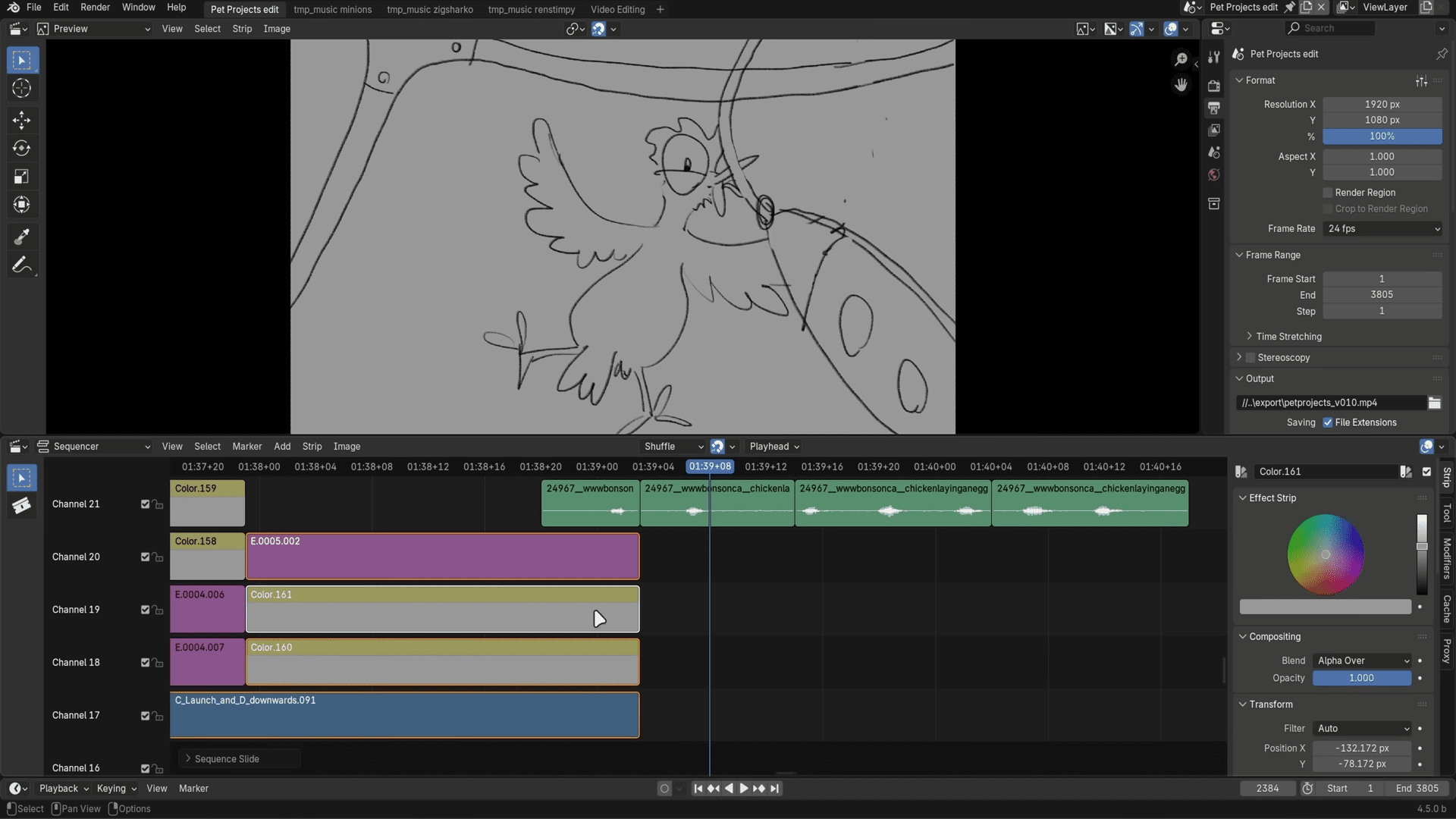 a digital animation workspace showing a cartoon bird sketching various animation layers are visible in a timeline at the bottom along with audio tracks and editing tools on the right side digital production A digital animation workspace showing a cartoon bird sketching. Various animation layers are visible in a timeline at the bottom, along with audio tracks and editing tools on the right side.