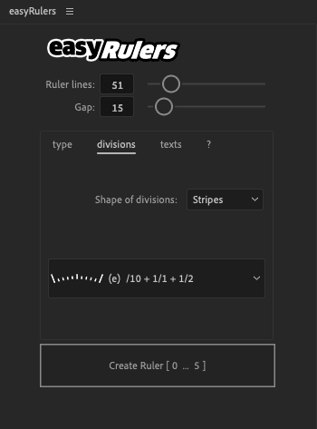 a user interface for a ruler creation tool called easyrulers featuring sliders for ruler lines and gap options for divisions and text type and a dropdown for division shape the layout is darkthemed with clear labels digital production A user interface for a ruler creation tool called easyRulers, featuring sliders for ruler lines and gap, options for divisions and text type, and a dropdown for division shape. The layout is dark-themed with clear labels.