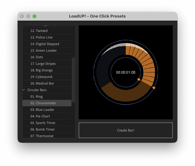 a computer application interface displaying the loadup one click presets menu on the left a list of preset styles includes twisted police line and digital stepped on the right a circular loading bar with a timer showing 00000108 is featured alongside a create bar button digital production A computer application interface displaying the 'LoadUP! - One Click Presets' menu. On the left, a list of preset styles includes 'Twisted,' 'Police Line,' and 'Digital Stepped.' On the right, a circular loading bar with a timer showing 00:00:01:08 is featured, alongside a 'Create Bar' button.
