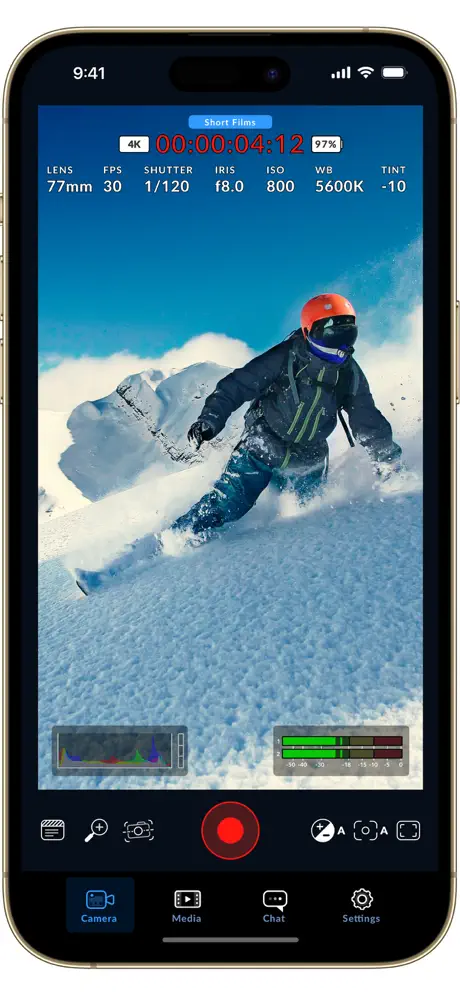a smartphone screen displaying a ski action scene featuring a skier in motion on snowy terrain the interface shows camera settings like lens shutter speed and color temperature with a recording timer visible digital production https://is1-ssl.mzstatic.com/image/thumb/PurpleSource221/v4/29/e8/8a/29e88acc-4bd4-87b2-bfe2-b30abd0cdbf9/eefc8458-2d58-4436-9188-83b656c37112_09_Camera_Recording_Portrait.jpg/460x996bb.webp