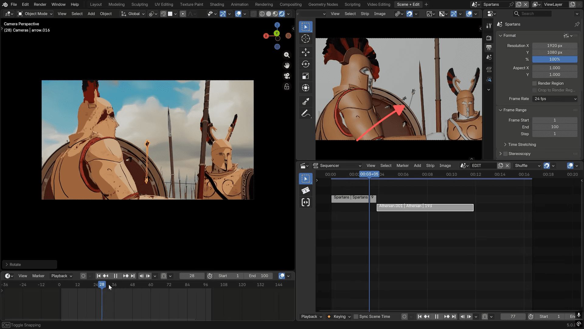 a computer screen displaying a digital animation project in blender the left panel shows a scene with armored soldiers and weapons while the right panel displays timeline and editing tools for animation adjustments digital production A computer screen displaying a digital animation project in Blender. The left panel shows a scene with armored soldiers and weapons, while the right panel displays timeline and editing tools for animation adjustments.