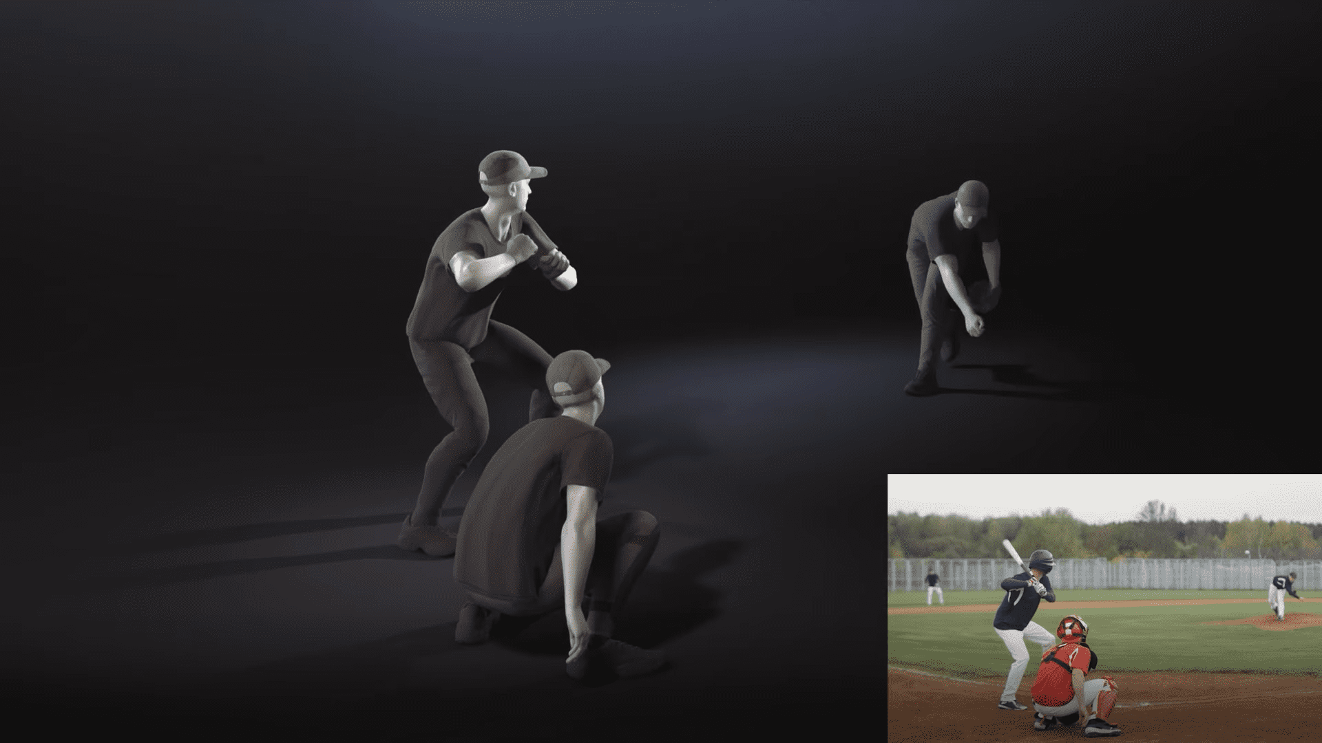 three stylized figures in a dark room simulate a baseball pitching and catching scenario a smaller inset image shows a real baseball player in a red jersey crouching behind the plate ready for the pitch digital production Three stylized figures in a dark room simulate a baseball pitching and catching scenario. A smaller inset image shows a real baseball player in a red jersey crouching behind the plate, ready for the pitch.