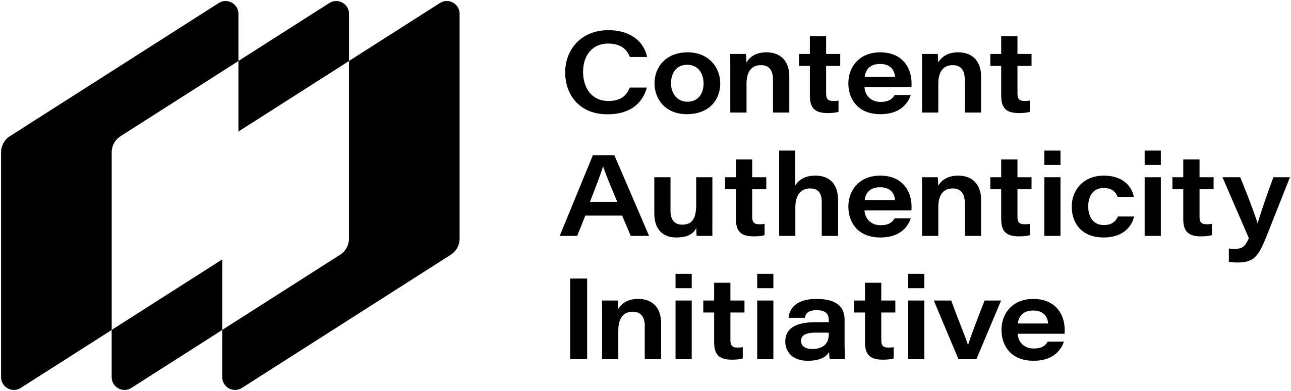 logo of the content authenticity initiative featuring a stylized black graphic design of three interconnected shapes on the left and the text content authenticity initiative in bold black font on the right digital production Logo of the Content Authenticity Initiative featuring a stylized black graphic design of three interconnected shapes on the left and the text "Content Authenticity Initiative" in bold black font on the right.