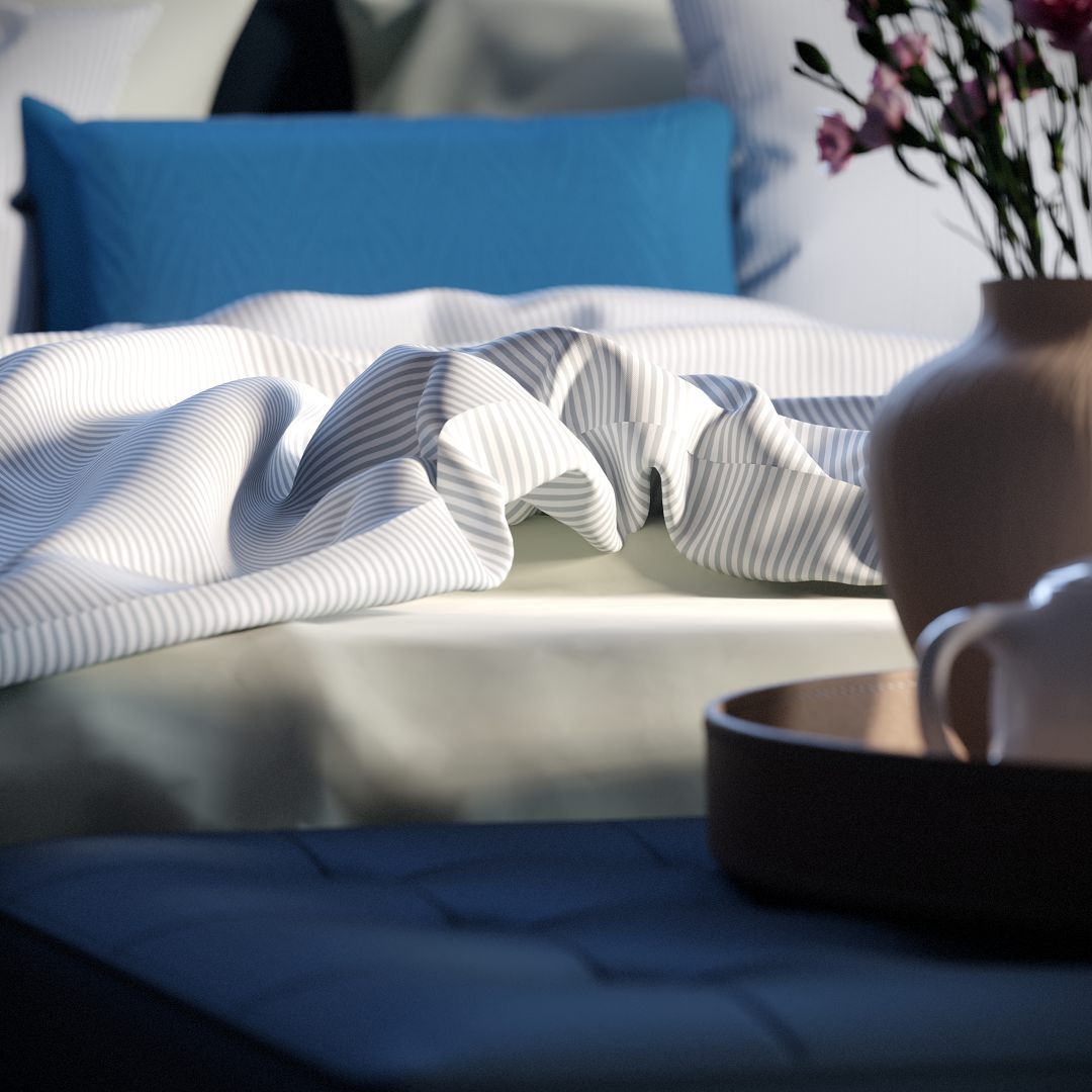 a neatly made bed featuring a white and gray striped blanket partially draped over a smooth surface a blue pillow sits in the background alongside a vase of flowers and a round tray with a teapot creating a serene and inviting atmosphere digital production A neatly made bed featuring a white and gray striped blanket partially draped over a smooth surface. A blue pillow sits in the background, alongside a vase of flowers and a round tray with a teapot, creating a serene and inviting atmosphere.