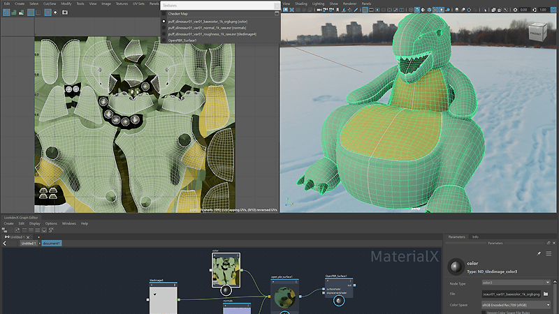 a computer screen displays a 3d modeling program showing a character design on the left a detailed wireframe of a creature is visible while on the right a large cartoonish green dinosaurlike figure is shown set against a snowy backdrop digital production https://help.autodesk.com/cloudhelp/2026/ENU/Maya-WhatsNew/images/GUID-37F94E94-BC68-437D-AFA9-4D0138B5D978.png