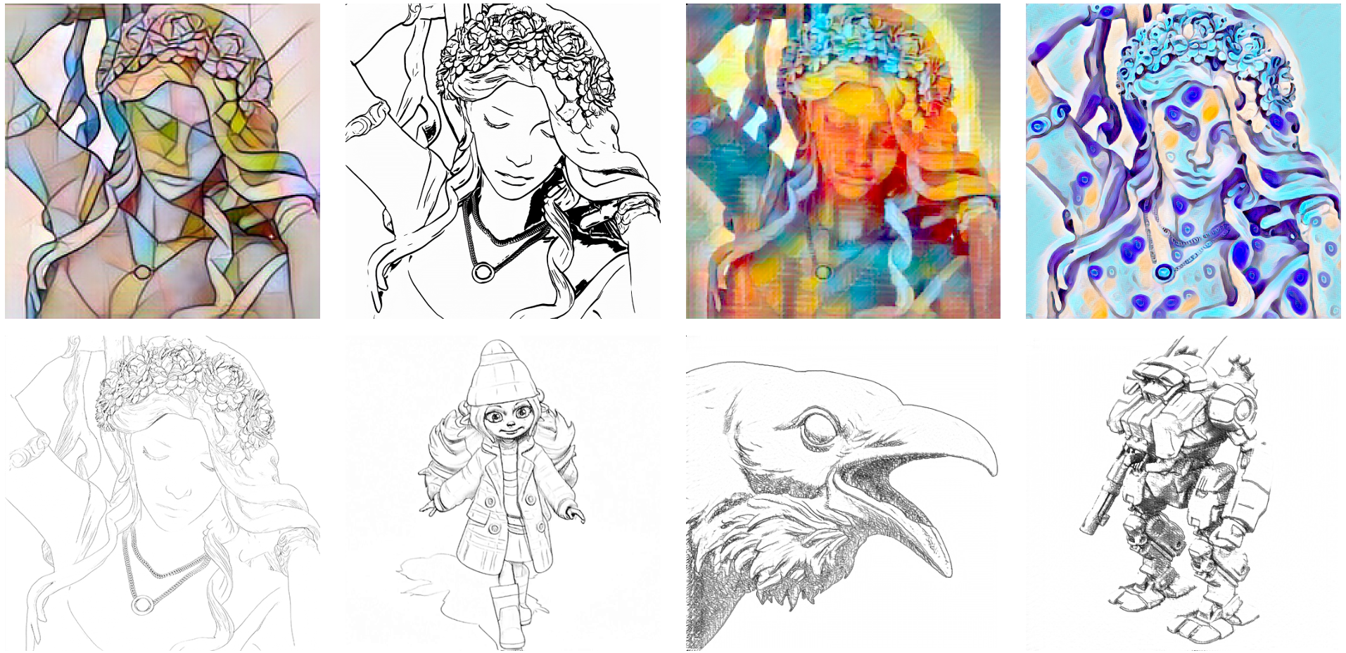 a collage of artistic illustrations featuring a woman with floral headgear the top row shows colorful abstract interpretations while the bottom row displays black and white sketches including the woman a bird and a futuristic robot digital production https://help.autodesk.com/cloudhelp/2026/ENU/Maya-WhatsNew/images/GUID-4D2A2E1B-B8E5-4474-8BE5-C5A4D820DA1A.png
