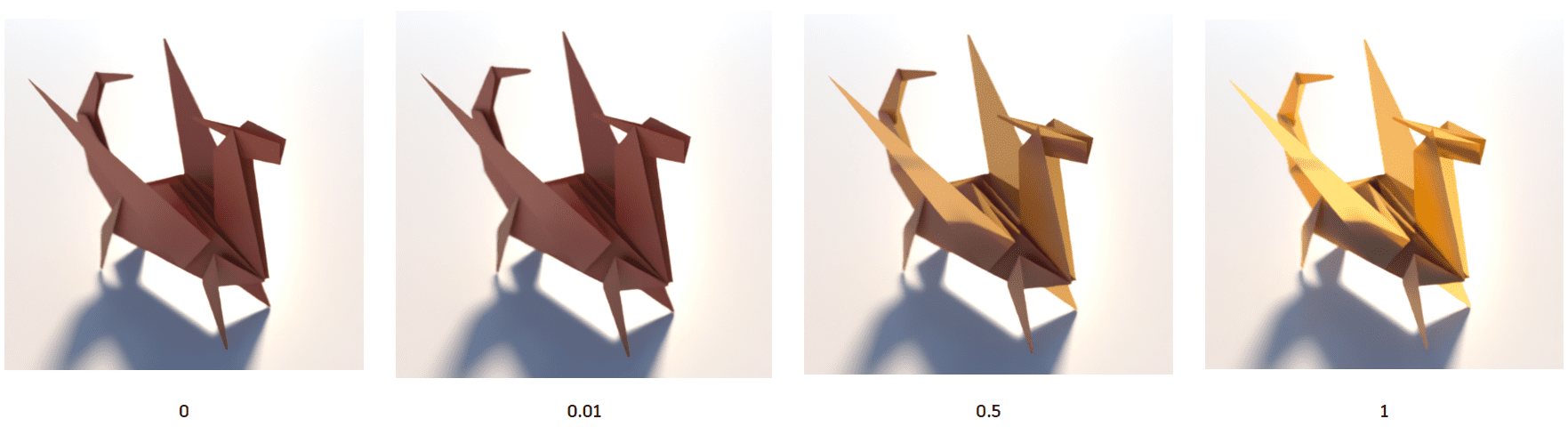 four origami sculptures of a dragon displayed sequentially progressively changing in color from brown to gold with each depicting a similar pose against a light background the labels below each sculpture are 0 001 05 and 1 digital production https://help.autodesk.com/cloudhelp/2026/ENU/3DSMax-What-s-New/images/GUID-CB0B6D0C-4AED-4B5D-9192-1090DBBA376F.png