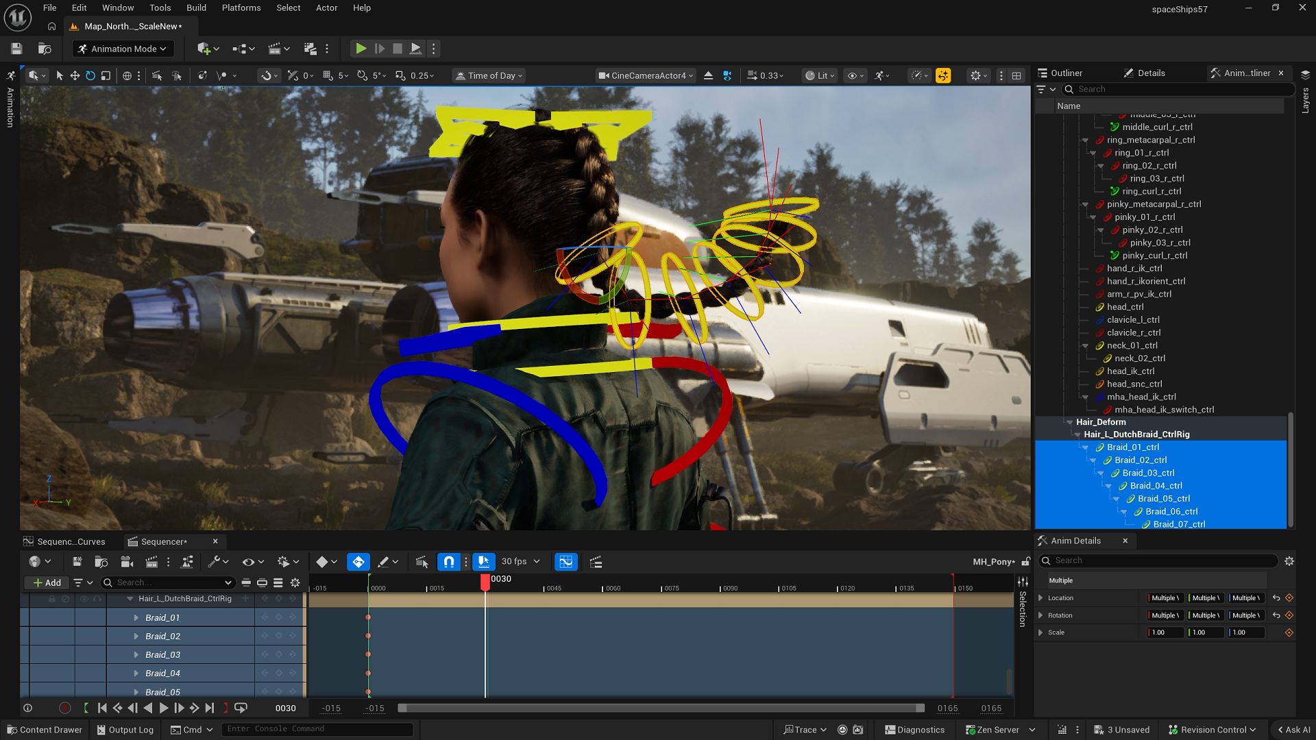 a woman with a braided hairstyle stands in front of a futuristic spaceship while computer graphics software displays colorful annotations and animations on the screen indicating a design or animation workflow digital production A woman with a braided hairstyle stands in front of a futuristic spaceship, while computer graphics software displays colorful annotations and animations on the screen, indicating a design or animation workflow.