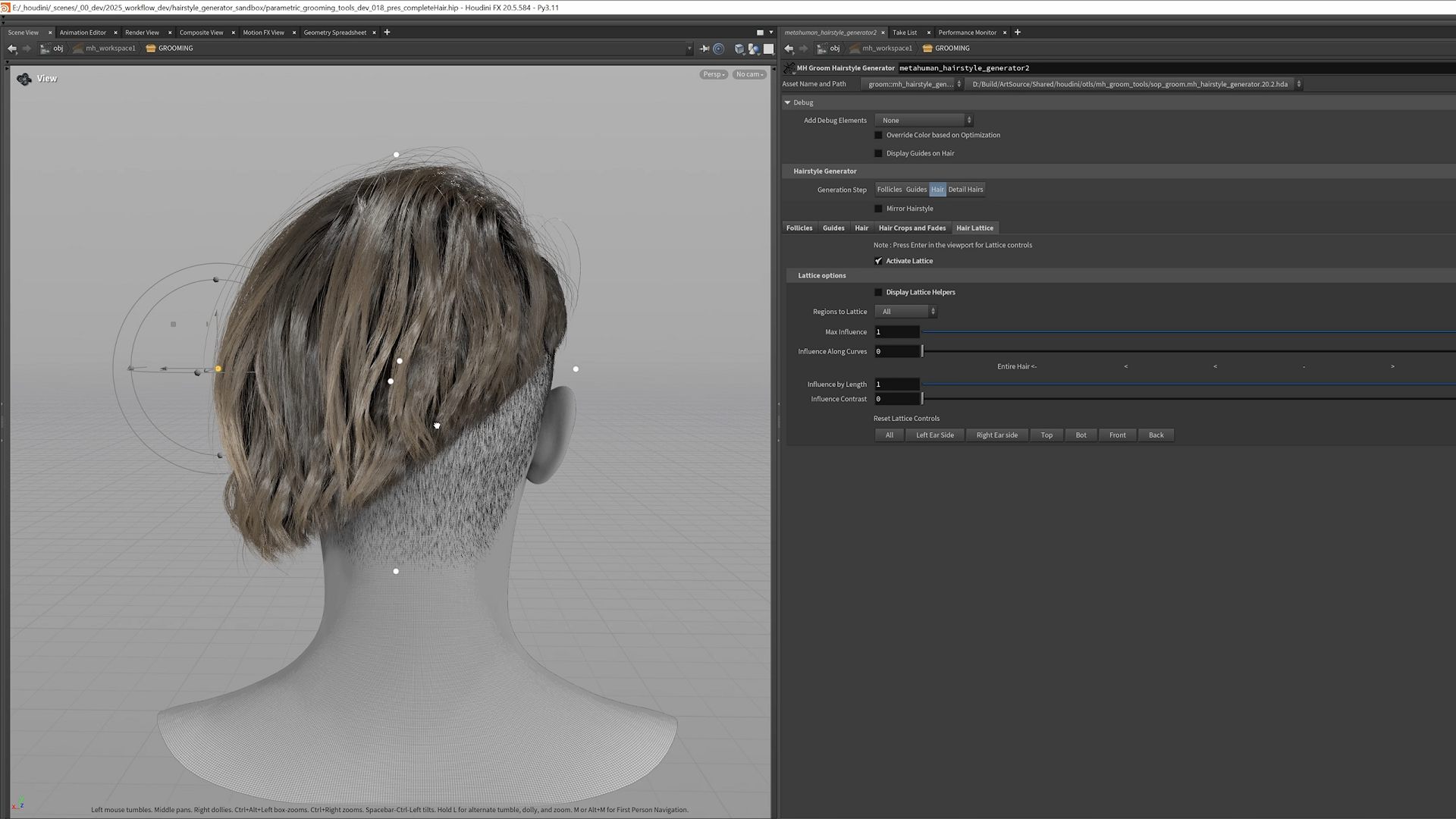 a digital rendering of a persons head from the back showcasing a modern hairstyle with short sides and longer textured hair on top the interface of a 3d modeling software is visible on the right displaying settings for hair simulation digital production A digital rendering of a person's head from the back, showcasing a modern hairstyle with short sides and longer, textured hair on top. The interface of a 3D modeling software is visible on the right, displaying settings for hair simulation.