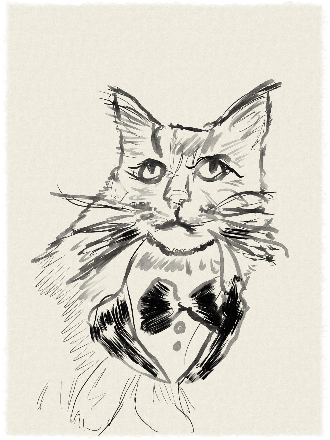a sketched illustration of a cat wearing a tuxedo with a bow tie the cat has an expressive face featuring large eyes and distinct whiskers against a simple beige background digital production A sketched illustration of a cat wearing a tuxedo with a bow tie. The cat has an expressive face, featuring large eyes and distinct whiskers, against a simple beige background.