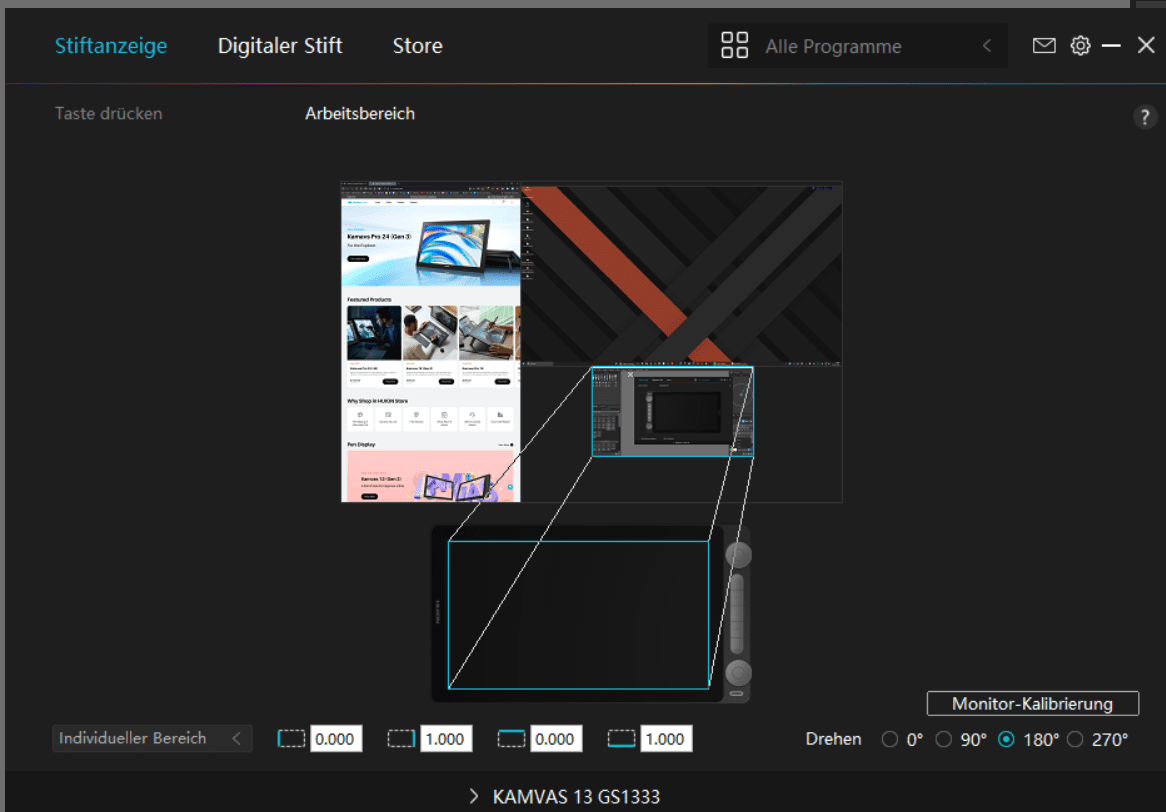 a display screen showing a software interface with an outlined area indicating a workspace the workspace features a web page with images and a video editing software layout set against a dark abstract background digital production A display screen showing a software interface with an outlined area indicating a workspace. The workspace features a web page with images and a video editing software layout, set against a dark, abstract background.