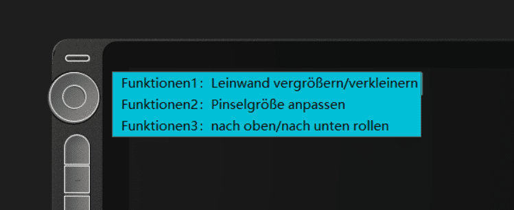 a digital drawing tablet with a dark background displayed on the tablet are three function descriptions in blue text function 1 resize canvas function 2 adjust brush size and function 3 scroll updown the tablet features various buttons on the side digital production A digital drawing tablet with a dark background. Displayed on the tablet are three function descriptions in blue text: "Function 1: Resize canvas," "Function 2: Adjust brush size," and "Function 3: Scroll up/down." The tablet features various buttons on the side.