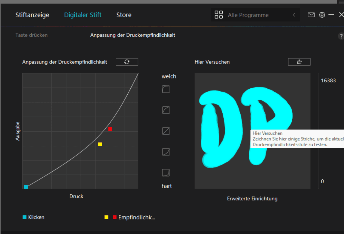a digital interface displaying a pressure sensitivity adjustment tool for a stylus on the left a graph shows pressure levels and sensitivity while the right side features a drawing area with the letters dp in vibrant blue the layout is darkthemed with various settings and options visible digital production A digital interface displaying a pressure sensitivity adjustment tool for a stylus. On the left, a graph shows pressure levels and sensitivity, while the right side features a drawing area with the letters 'DP' in vibrant blue. The layout is dark-themed with various settings and options visible.