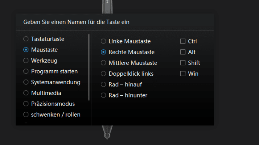 a settings window on a dark interface prompting the user to enter a name for a button options for mouse buttons and keyboard modifiers such as ctrl alt and shift are shown with checkboxes digital production A settings window on a dark interface, prompting the user to enter a name for a button. Options for mouse buttons and keyboard modifiers, such as Ctrl, Alt, and Shift, are shown with checkboxes.