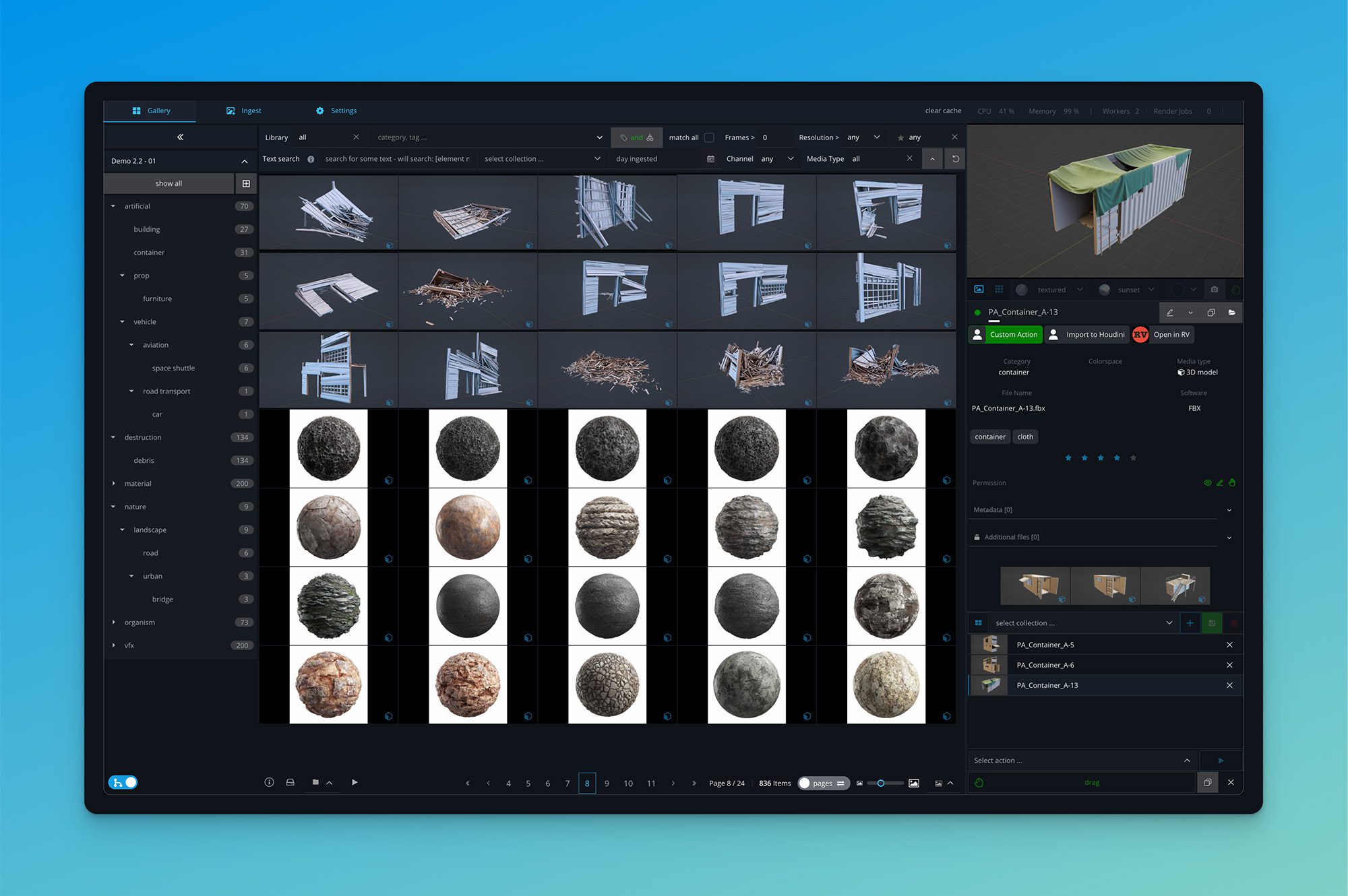 a computer screen displaying a digital user interface for design software the layout includes thumbnails of architectural models and textures with a 3d preview on the side the background is a gradient of blue tones digital production A computer screen displaying a digital user interface for design software. The layout includes thumbnails of architectural models and textures, with a 3D preview on the side. The background is a gradient of blue tones.