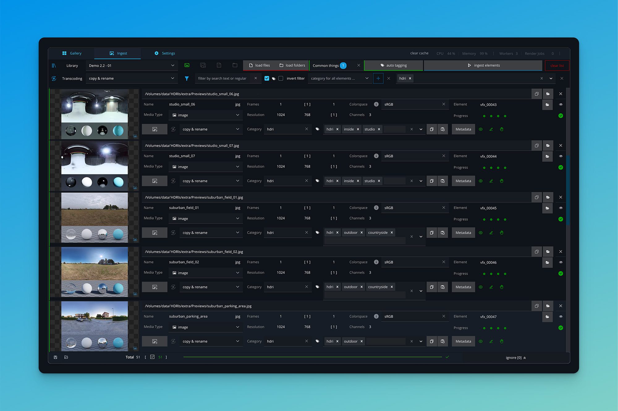 a user interface displayed on a darkthemed software screen featuring a list of image thumbnails with corresponding details like filenames and editing options set against a gradient blue background digital production A user interface displayed on a dark-themed software screen, featuring a list of image thumbnails with corresponding details like filenames and editing options, set against a gradient blue background.