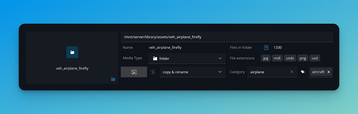 a digital interface displaying a file management system featuring a darkthemed layout with options for selecting a folder named vehairplanefirefly showing file types and extension options in a clear organized format digital production A digital interface displaying a file management system, featuring a dark-themed layout with options for selecting a folder named 'veh_airplane_firefly,' showing file types and extension options in a clear, organized format.