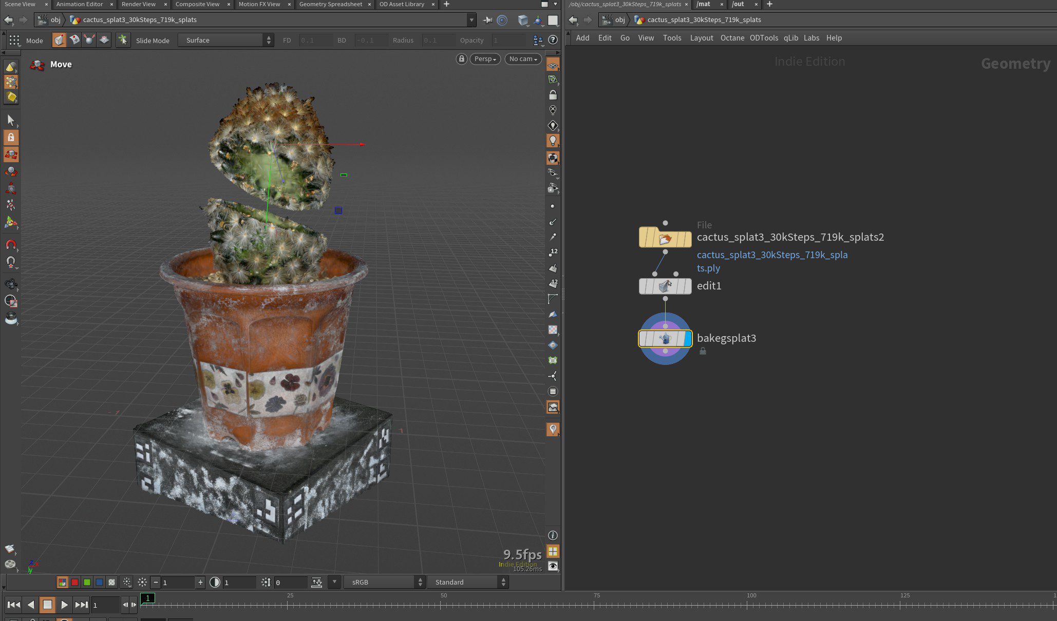 a 3drendered image of a cactus in a decorative pot shown on the left side of a digital workspace on the right side a user interface displays nodes related to the cactus models geometry digital production A 3D-rendered image of a cactus in a decorative pot, shown on the left side of a digital workspace. On the right side, a user interface displays nodes related to the cactus model's geometry.
