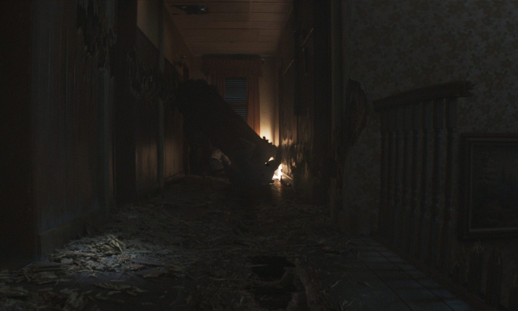 a dark abandoned hallway with peeling wallpaper and debris scattered on the floor a broken section of wall looms over a dim light source at the end casting shadows and highlighting the neglected atmosphere digital production A dark, abandoned hallway with peeling wallpaper and debris scattered on the floor. A broken section of wall looms over a dim light source at the end, casting shadows and highlighting the neglected atmosphere.