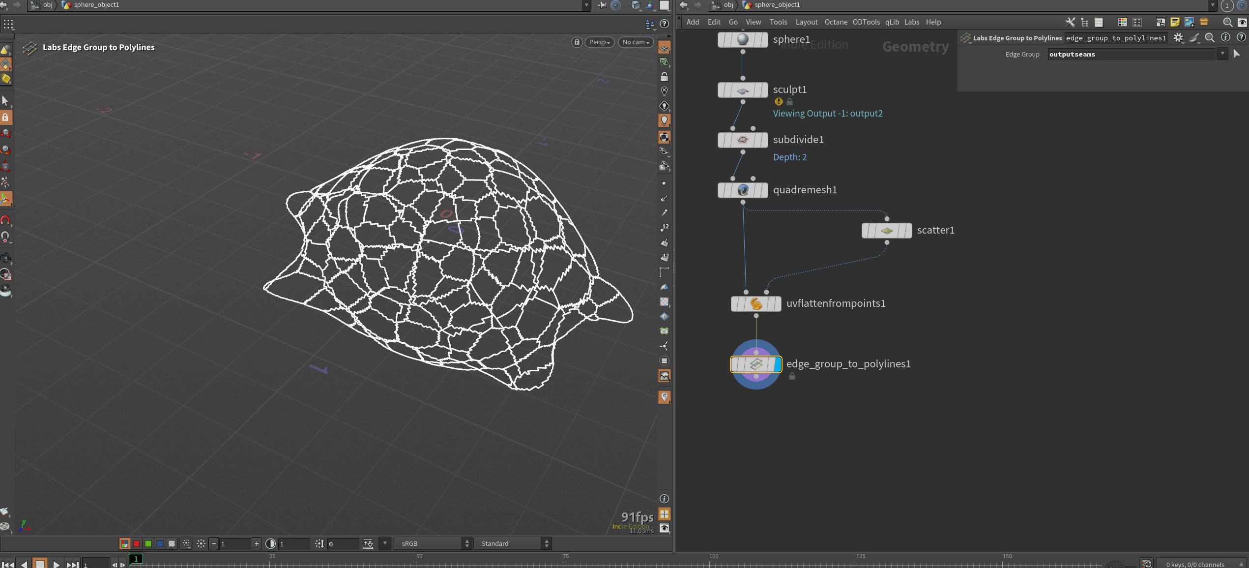 a 3d modeling software interface displaying a wireframe turtle model on the left side with a grid background on the right side a nodebased programming interface shows the structure for the turtle model with connections and parameters digital production A 3D modeling software interface displaying a wireframe turtle model on the left side, with a grid background. On the right side, a node-based programming interface shows the structure for the turtle model with connections and parameters.