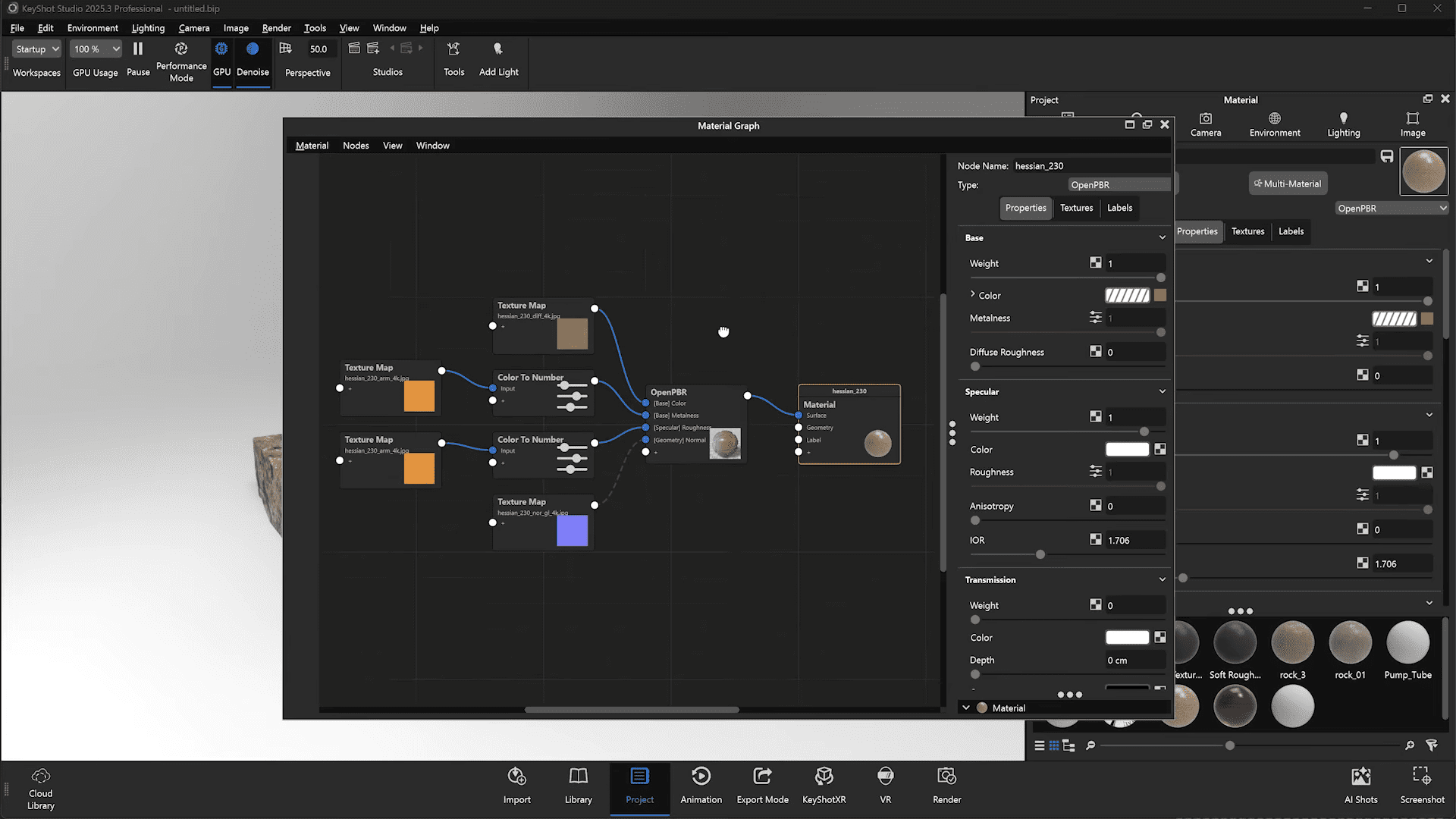 a computer screen displaying a material graph interface featuring various nodes connected by lines the right panel shows settings for texture properties including roughness and metallic settings a 3d object is partially visible to the left digital production A computer screen displaying a material graph interface, featuring various nodes connected by lines. The right panel shows settings for texture properties, including roughness and metallic settings. A 3D object is partially visible to the left.