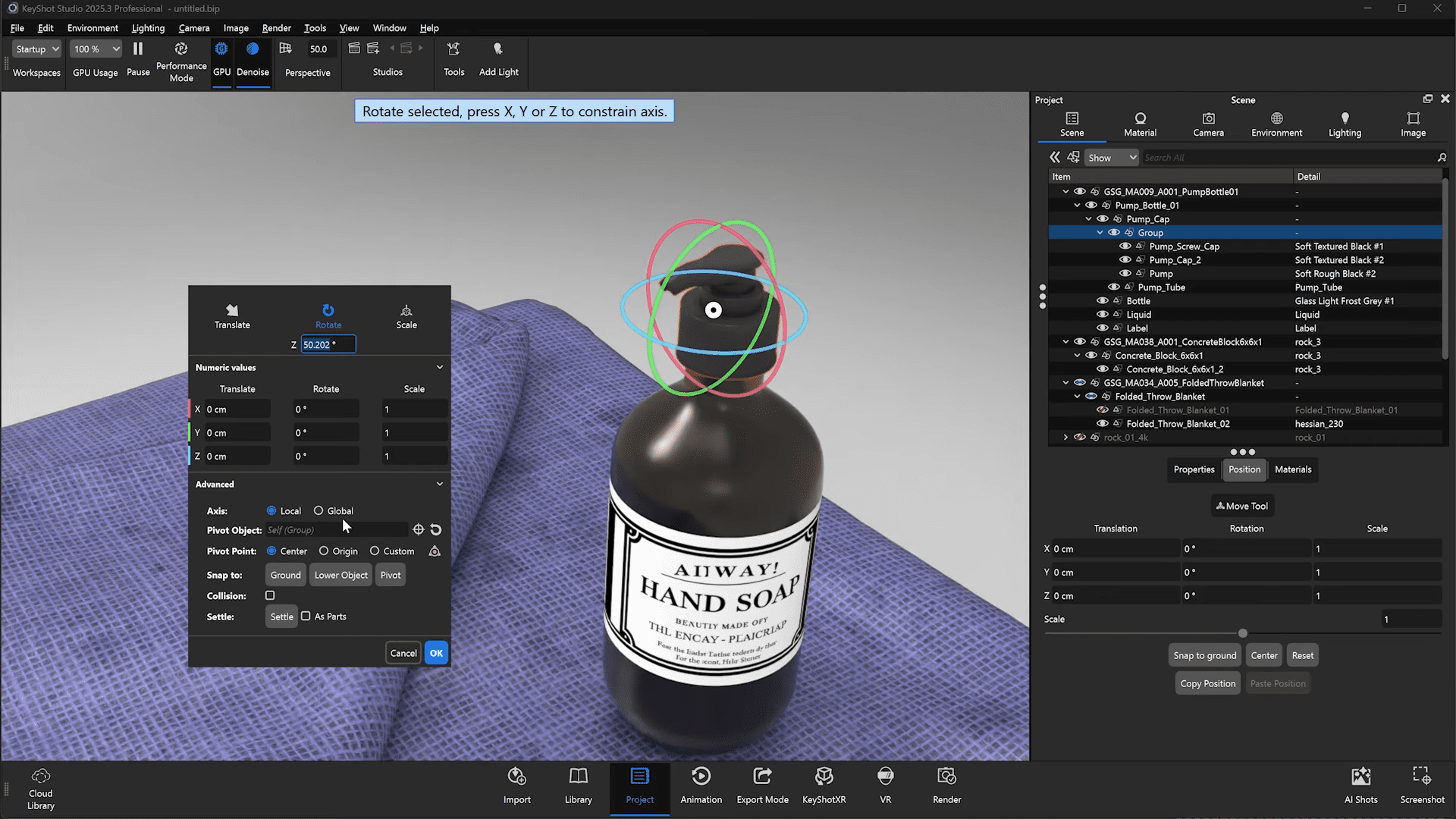 a digital interface displaying a 3d model of a bottle labeled aiway hand soap the bottle is placed on a dark blue fabric background with rotation tools and options visible on the left side of the screen digital production A digital interface displaying a 3D model of a bottle labeled 'AIWAY HAND SOAP.' The bottle is placed on a dark blue fabric background, with rotation tools and options visible on the left side of the screen.