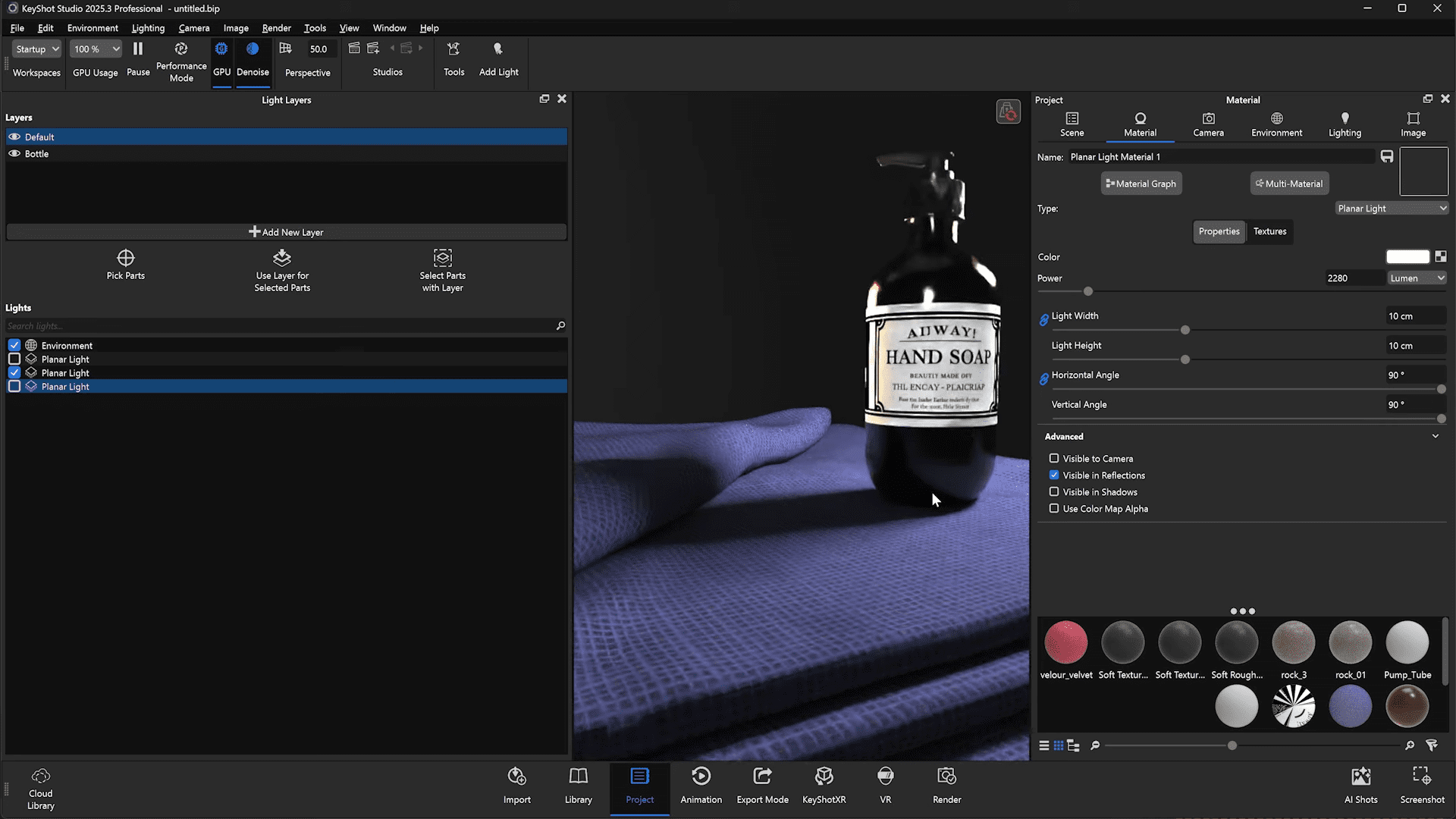 a black bottle of hand soap with a vintage label sits atop textured purple fabric the image showcases a digital rendering interface with menus and settings visible on the left and right sides of the screen digital production A black bottle of hand soap with a vintage label sits atop textured purple fabric. The image showcases a digital rendering interface, with menus and settings visible on the left and right sides of the screen.
