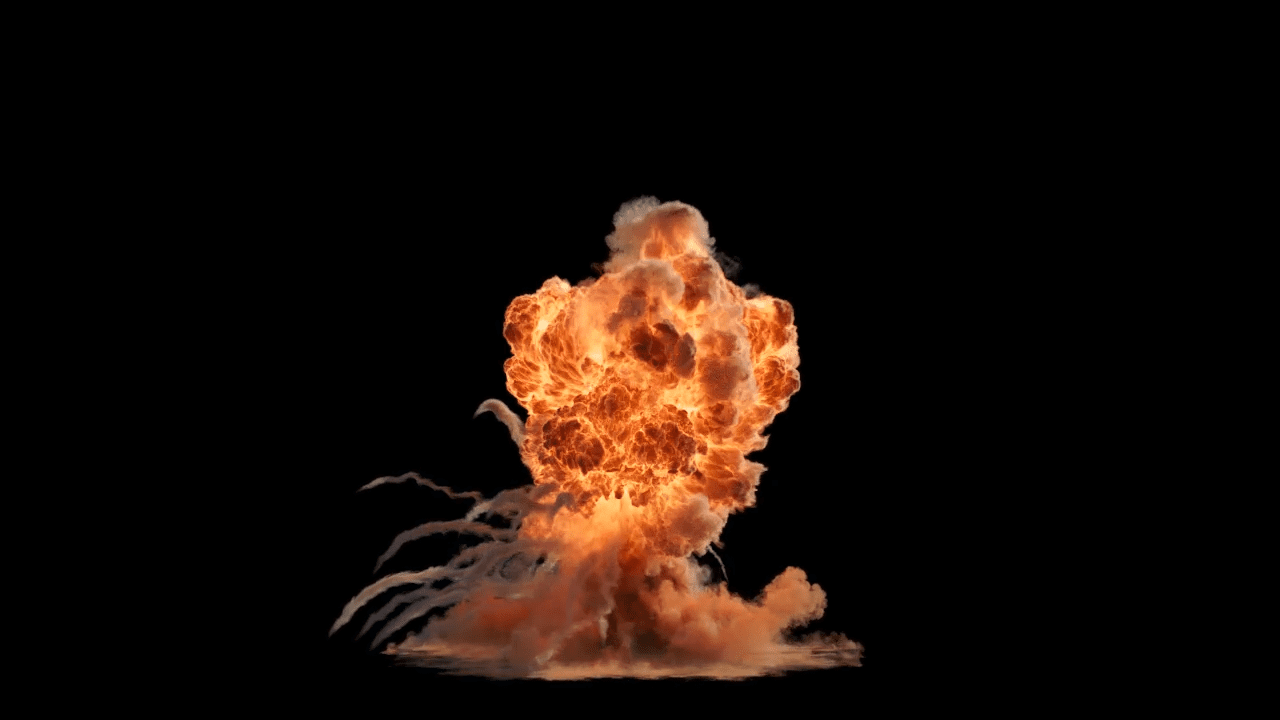 an explosion with a large fireball and billowing smoke rising against a black background surrounded by fiery debris and orange flames extending outward digital production An explosion with a large fireball and billowing smoke rising against a black background, surrounded by fiery debris and orange flames extending outward.