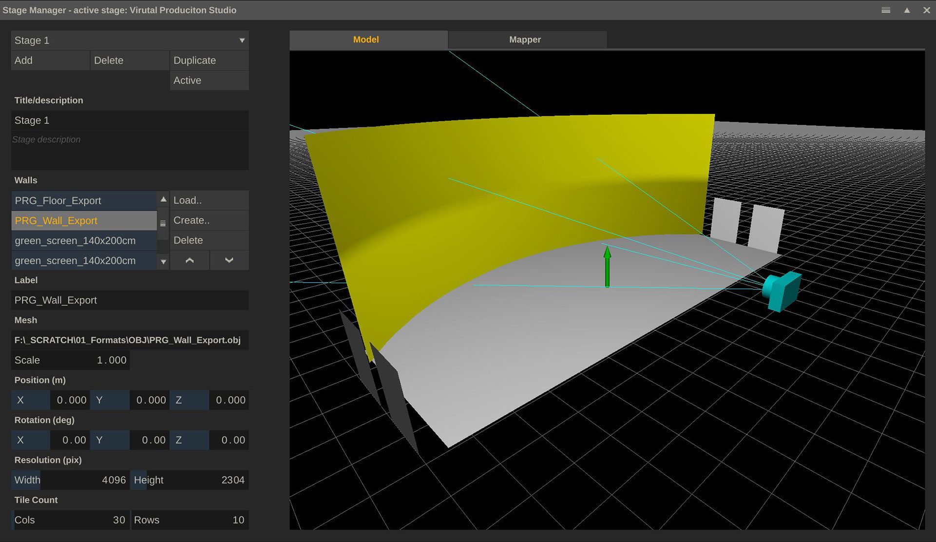 a user interface of a 3d virtual production studio showing a digital environment with a yellow backdrop white floor and green elements the sidebar displays settings for stage modeling lighting and resolution digital production A user interface of a 3D virtual production studio showing a digital environment with a yellow backdrop, white floor, and green elements. The sidebar displays settings for stage modeling, lighting, and resolution.