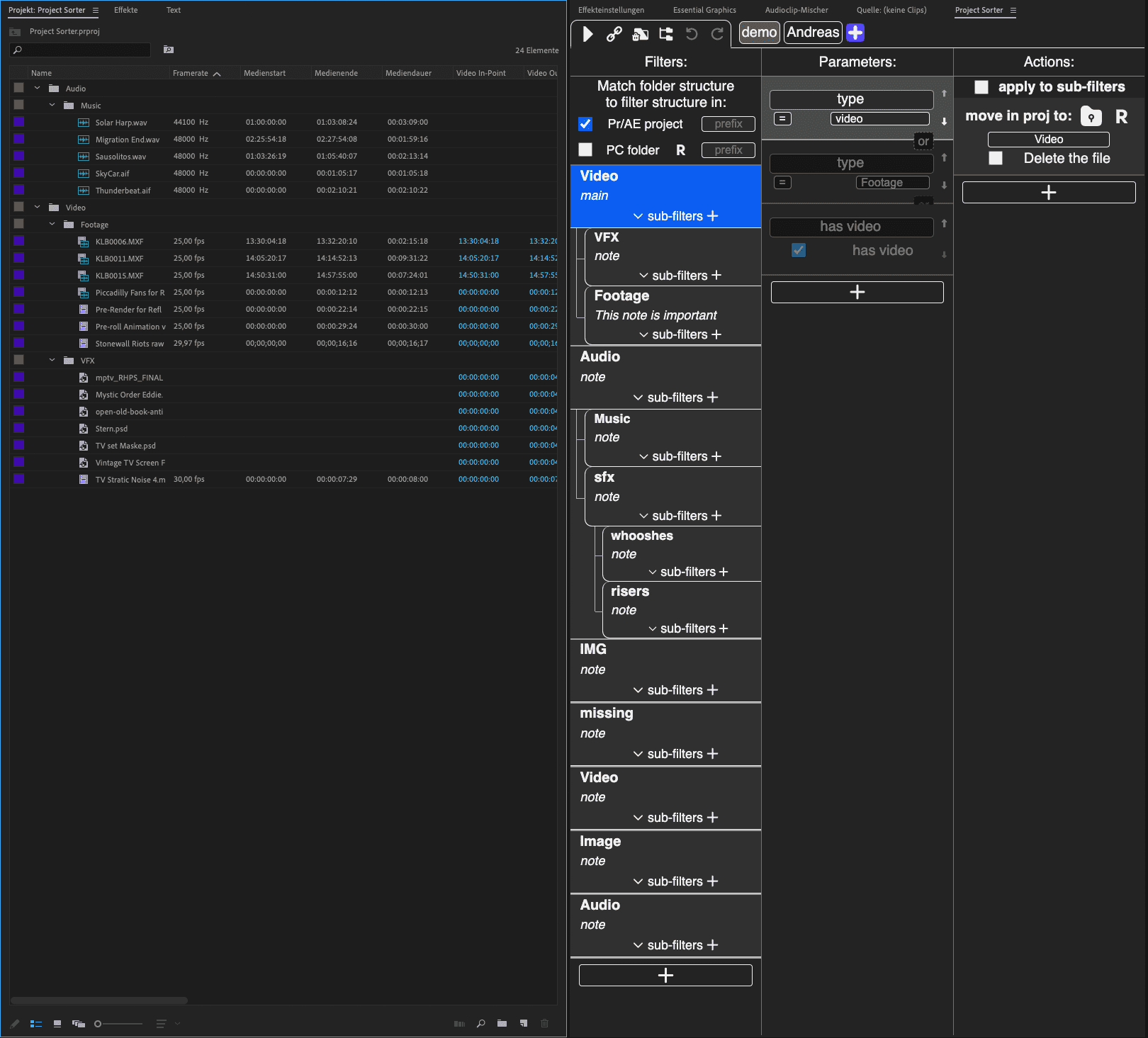 A screenshot of a video editing software interface displaying a project file structure on the left, including video, audio, and image categories, and a filter panel on the right with options to apply filters and actions.