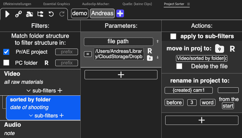 A computer interface displaying a project sorting tool. The left panel includes filters for matching folder structures, while the center shows parameters for file path settings. The right panel features actions to apply, move, and rename projects.