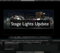 A digital interface displaying a "Stage Lights Update" message over an urban city backdrop at nighttime. On the right, buildings feature illuminated signs, while a control panel with various settings is visible below.