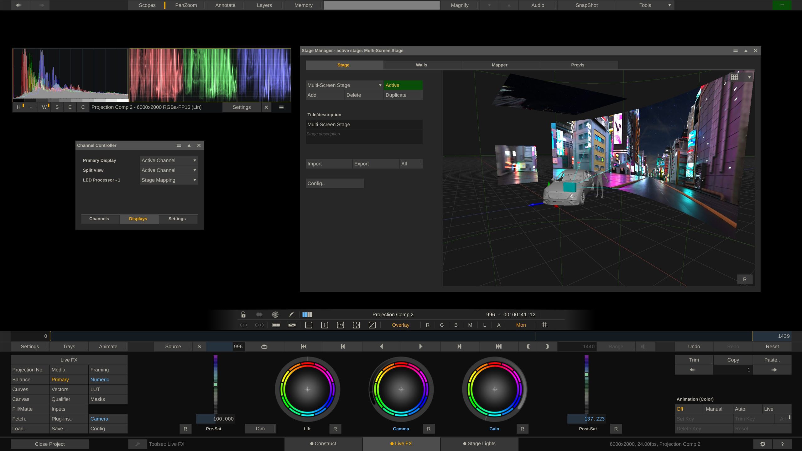 user interface of a digital color grading software displaying a 3d environment with colorful neon lights and various adjustment panels including color wheels and waveform graphs digital production User interface of a digital color grading software displaying a 3D environment with colorful neon lights and various adjustment panels, including color wheels and waveform graphs.