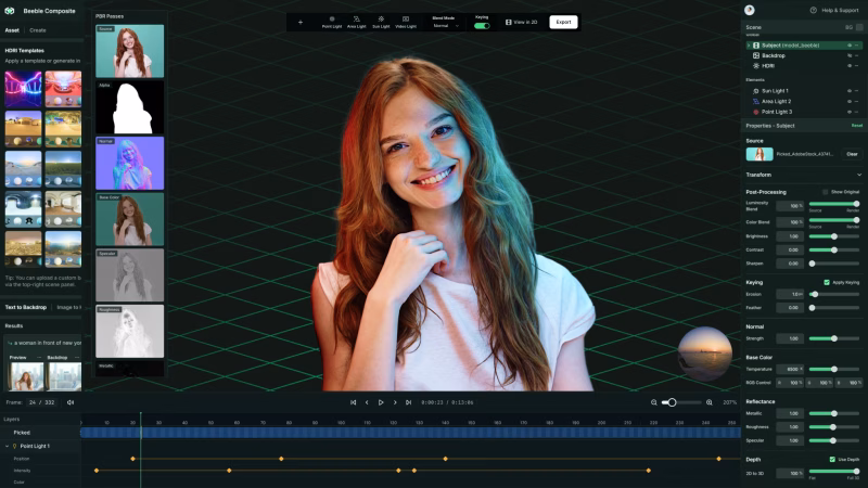 A smiling young woman with long, wavy hair, wearing a light pink shirt, is positioned in front of a dark digital interface featuring various editing options and visual effects. The background has a grid pattern with colorful templates on the left side.