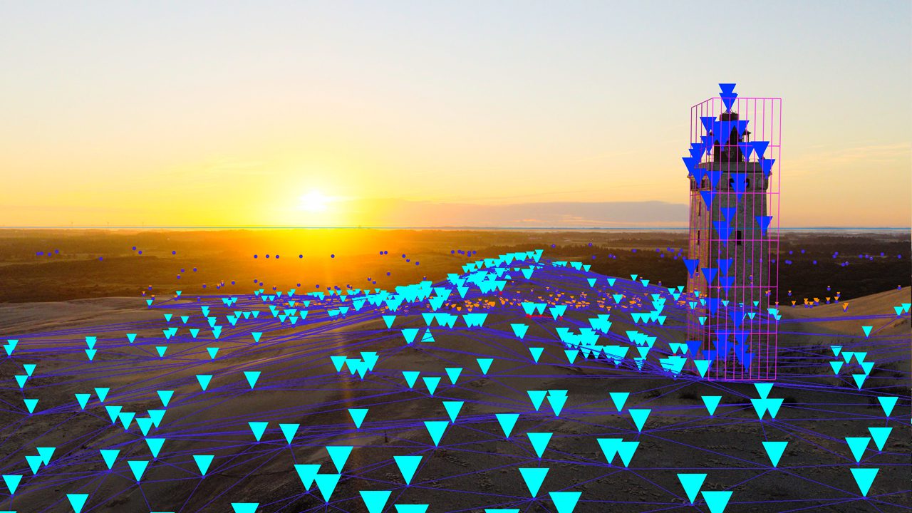 a sunrise landscape featuring a lighthouse surrounded by vibrant blue geometric arrows indicating movement with a gentle gradient of colors in the sky transitioning from orange to purple digital production A sunrise landscape featuring a lighthouse surrounded by vibrant blue geometric arrows indicating movement, with a gentle gradient of colors in the sky transitioning from orange to purple.