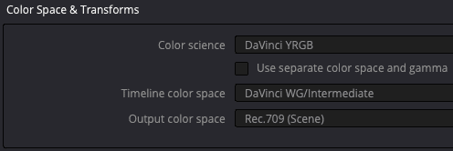 a screenshot of the color space transforms settings from a video editing software it displays options for color science with davinci yrgb selected timeline color space set to davinci wgintermediate and output color space as rec709 scene with a checkbox for use separate color space and gamma digital production A screenshot of the 'Color Space & Transforms' settings from a video editing software. It displays options for 'Color science' with 'DaVinci YRGB' selected, 'Timeline color space' set to 'DaVinci WG/Intermediate', and 'Output color space' as 'Rec.709 (Scene)', with a checkbox for 'Use separate color space and gamma'.