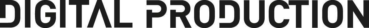 The phrase 'DIGITAL PRODUCTION' displayed in bold, uppercase letters, featuring a modern sans-serif font. The text is black on a white background, emphasizing a sleek and professional appearance.