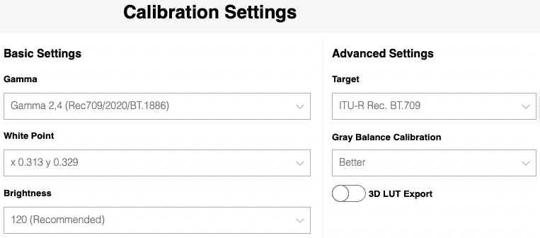 a digital interface displaying calibration settings including options for gamma white point brightness target and gray balance calibration features a toggle for 3d lut export digital production A digital interface displaying calibration settings, including options for gamma, white point, brightness, target, and gray balance calibration. Features a toggle for 3D LUT export.