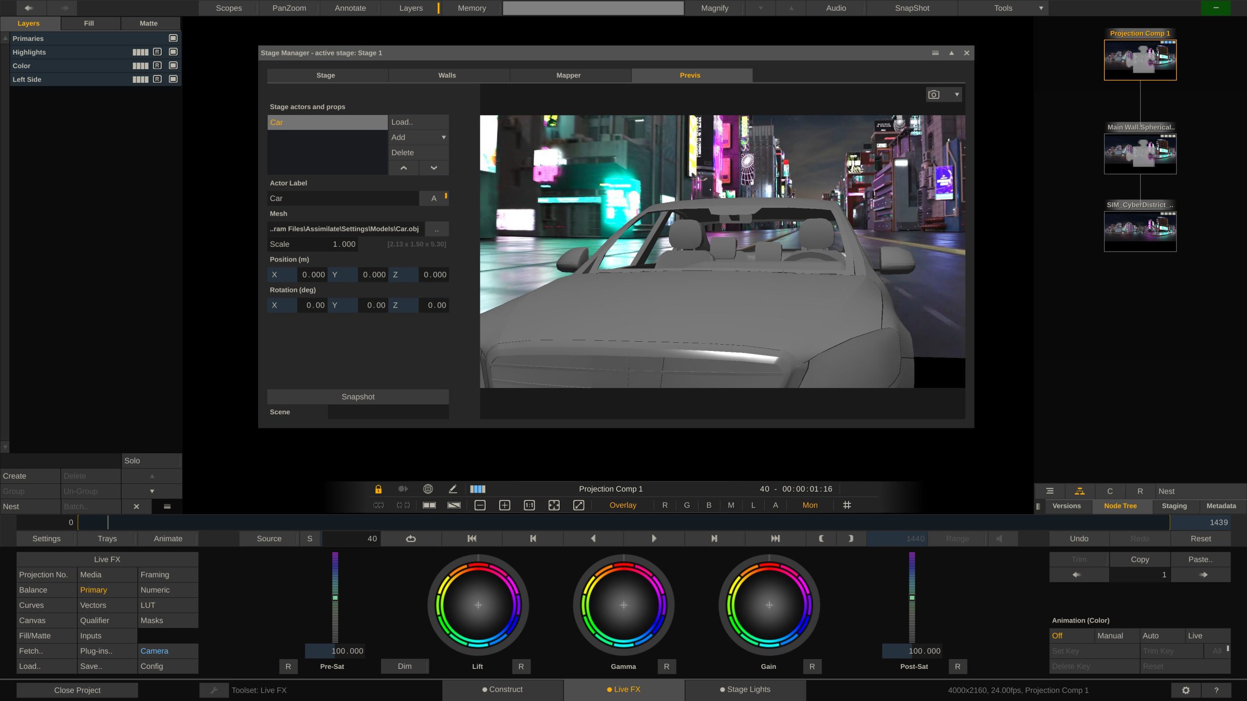a computer screen displaying a 3d modeling software interface the foreground shows a wireframe car model and the background features a stylized urban scene with neon lights color adjustment tools are highlighted at the bottom digital production A computer screen displaying a 3D modeling software interface. The foreground shows a wireframe car model, and the background features a stylized urban scene with neon lights. Color adjustment tools are highlighted at the bottom.