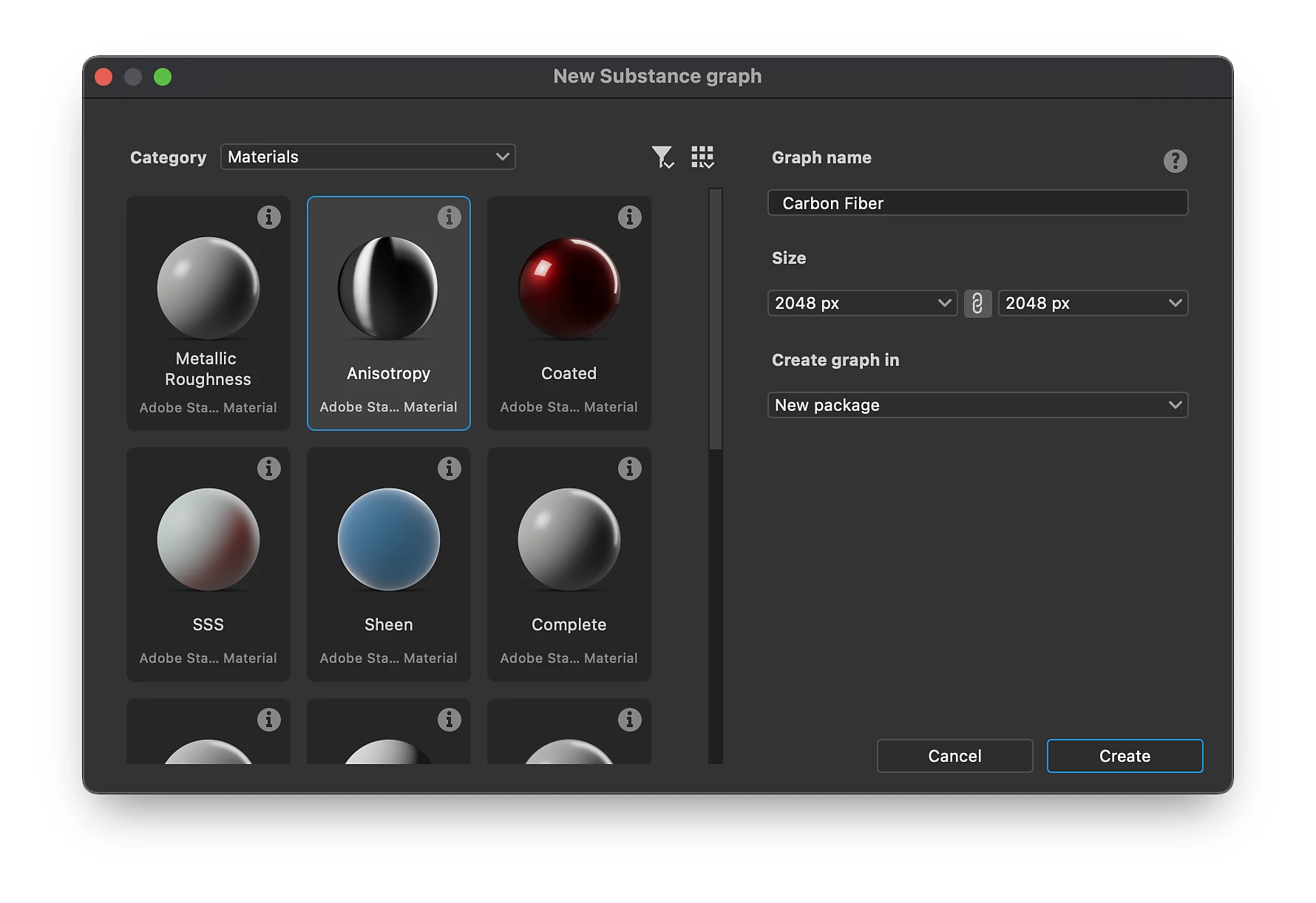 a screen displaying the new substance graph interface on a computer featuring a selection of material categories the selected option anisotropy is highlighted with options to create a graph named carbon fiber in a specified size digital production https://helpx-prod.scene7.com/is/image/HelpxProd/newgraph?$png$&jpegSize=300&wid=1780