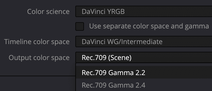 a screenshot of color settings in a video editing software displaying options for color science timeline color space and output color space including rec709 scene and different gamma settings digital production A screenshot of color settings in a video editing software, displaying options for color science, timeline color space, and output color space, including Rec.709 (Scene) and different gamma settings.
