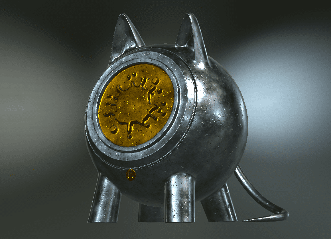 a metallic catshaped object featuring a round golden emblem on its body the sculpture has a polished silver finish with pointed ears and a curled tail positioned against a gradient background that transitions from dark to light digital production A metallic cat-shaped object featuring a round golden emblem on its body. The sculpture has a polished silver finish, with pointed ears and a curled tail, positioned against a gradient background that transitions from dark to light.