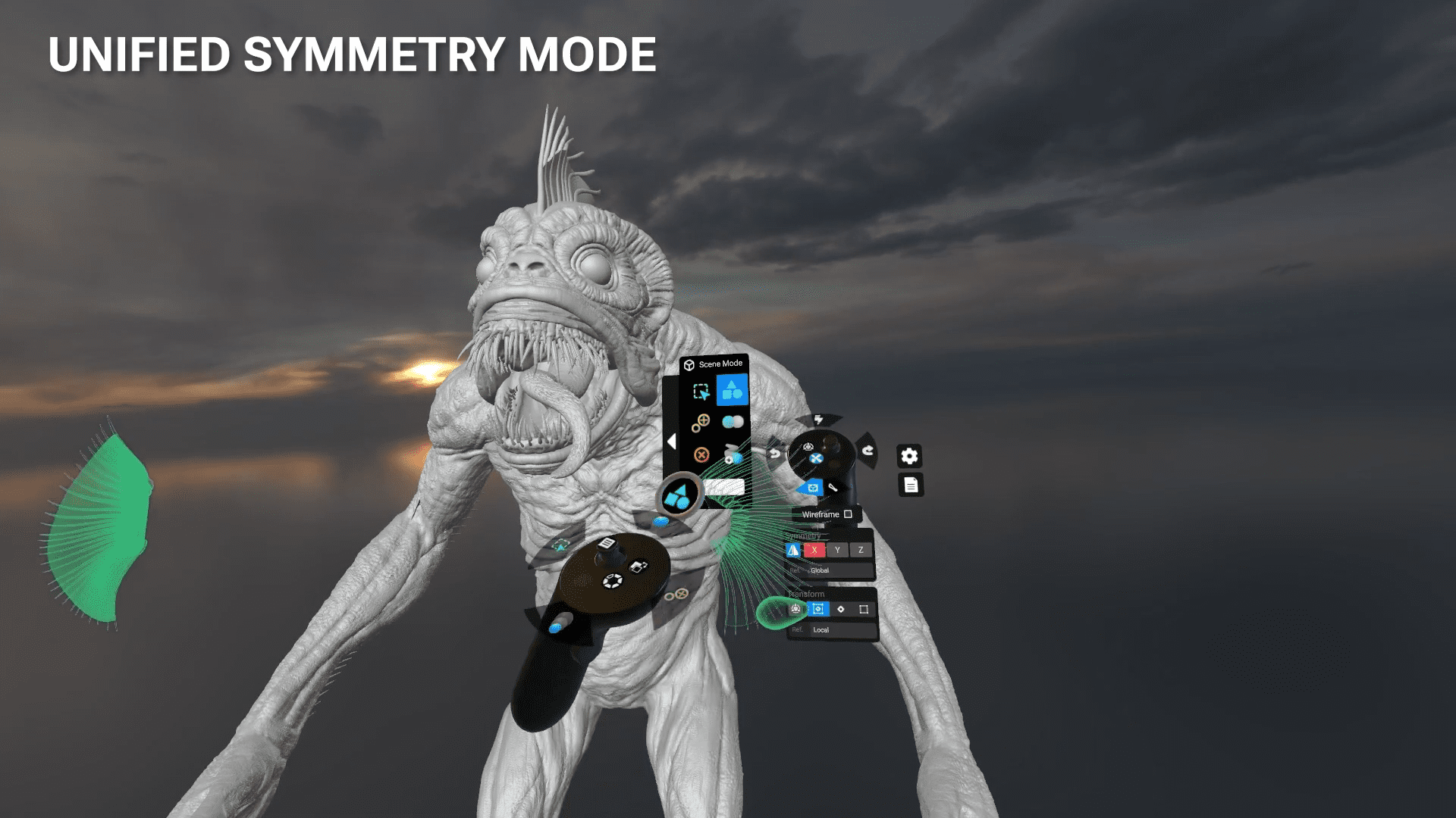 a digital 3d model of a monsterlike creature displayed in a virtual environment the setting includes a horizon with a setting sun and various interface controls labeled unified symmetry mode plus design tools showcasing an interactive design platform digital production A digital 3D model of a monster-like creature displayed in a virtual environment. The setting includes a horizon with a setting sun and various interface controls, labeled 'Unified Symmetry Mode,' plus design tools showcasing an interactive design platform.