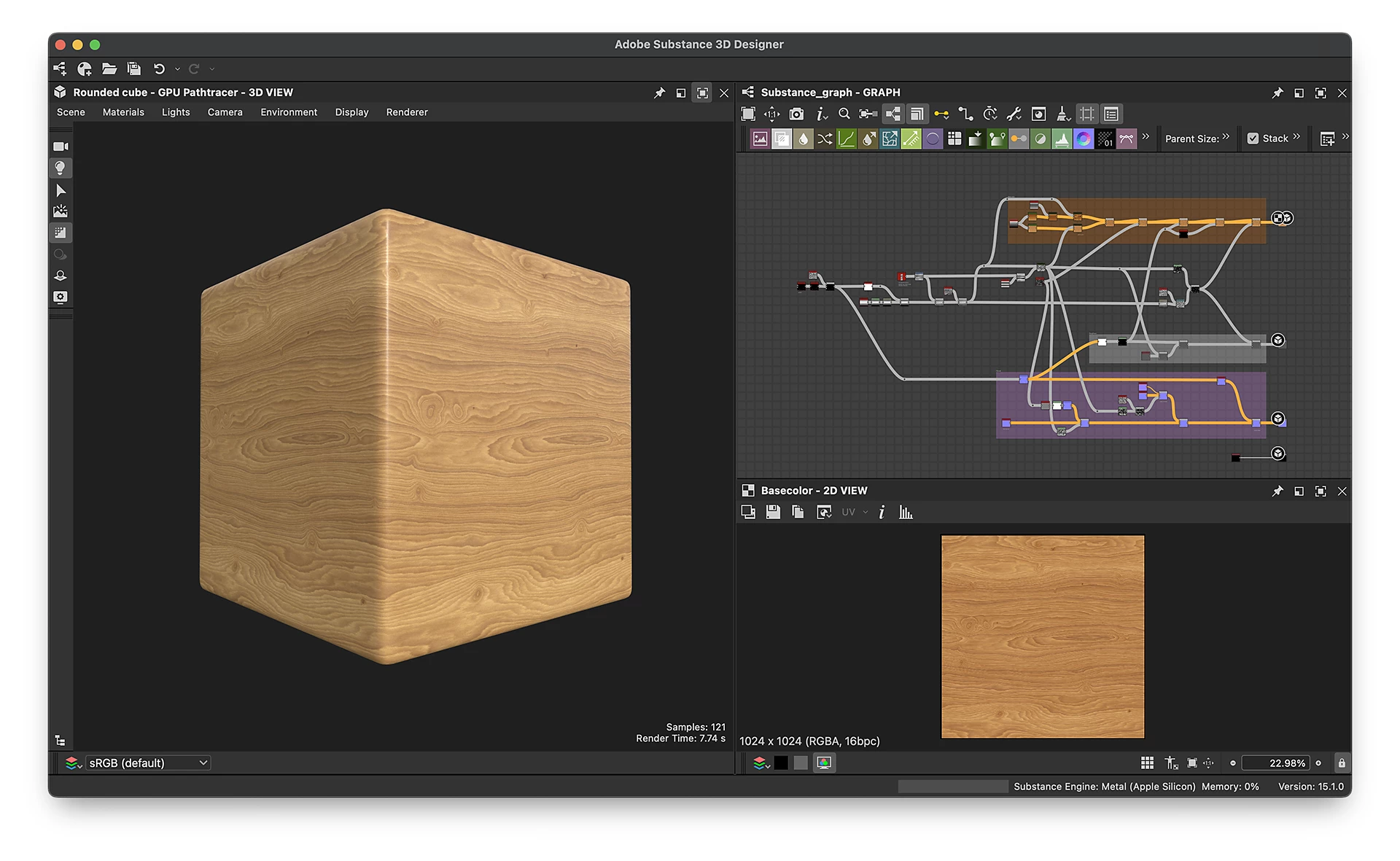 a 3d modeling software interface displaying a cube with a wooden texture in the main view alongside additional panels showing node connections and settings related to the model all set against a dark background digital production https://helpx-prod.scene7.com/is/image/HelpxProd/samplegraph?$png$&jpegSize=300&wid=1920