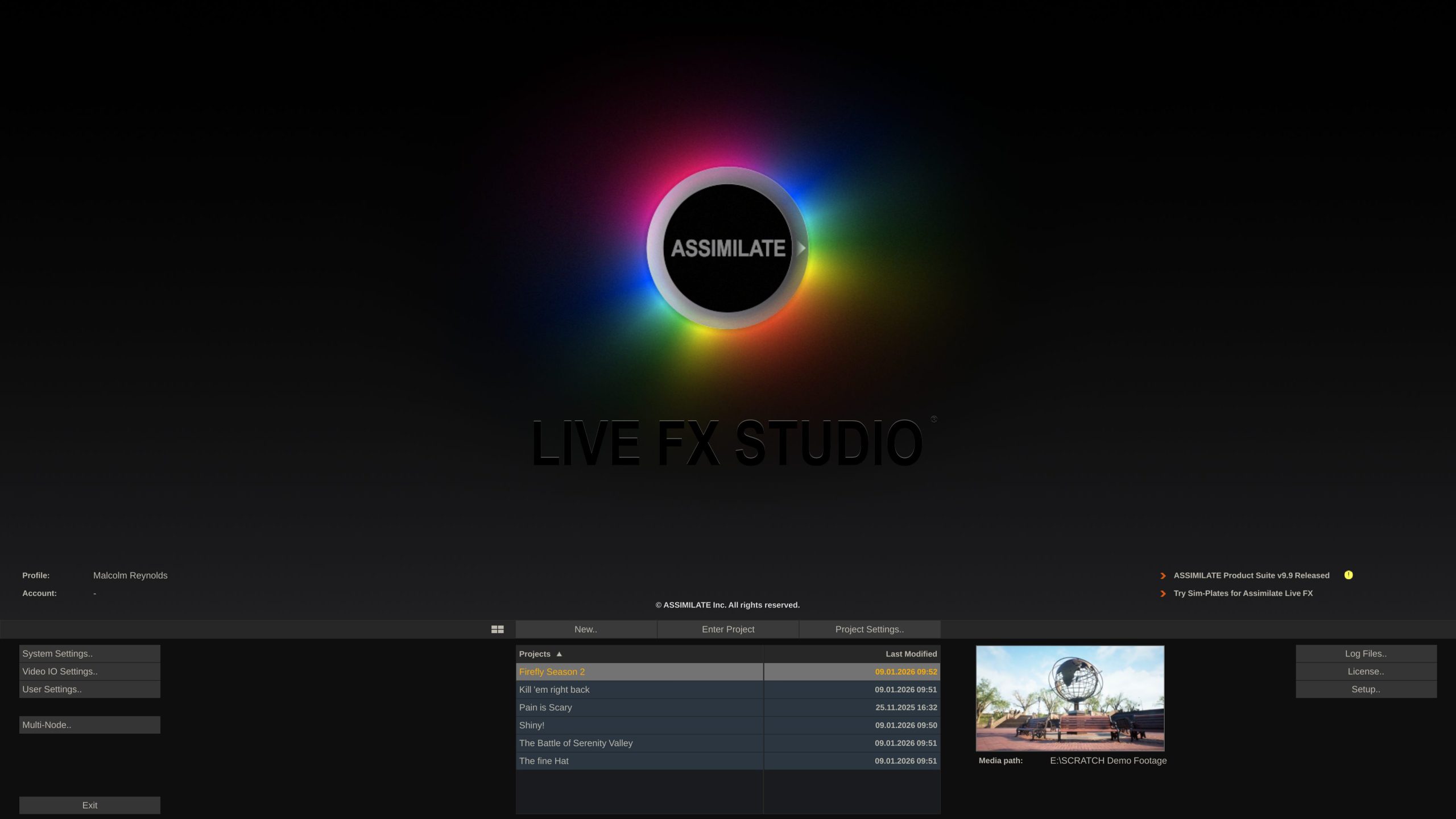 screenshot of the assimilate live fx studio interface featuring a colorful circular logo against a dark background with a video preview and various settings and options displayed in the main area digital production Screenshot of the ASSIMILATE LIVE FX STUDIO interface featuring a colorful circular logo against a dark background, with a video preview and various settings and options displayed in the main area.
